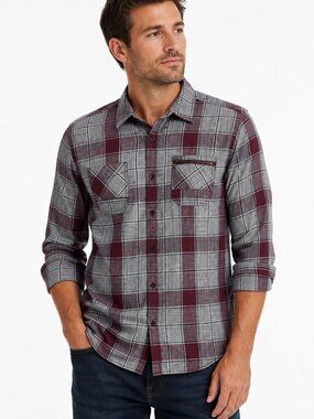 DNMX Men's Plaid Button-Up Shirt Maroon Gray Long Sleeve Size Large